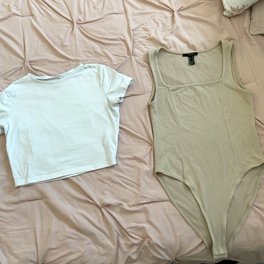 White crop top and tan bodysuit